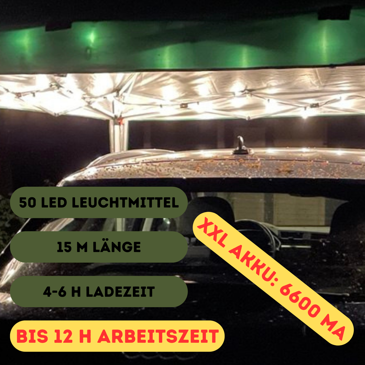 Solar Lichterkette mit 50 Birnen bruchsicher 15 m lang bis 12 h Arbeitszeit