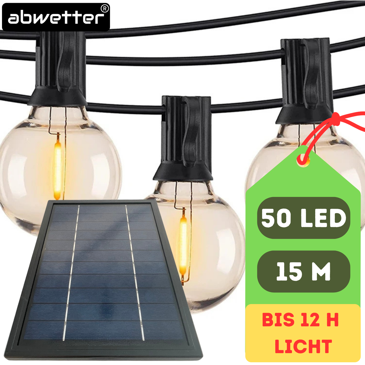 Solar Lichterkette mit 50 Birnen bruchsicher 15 m lang bis 12 h Arbeitszeit