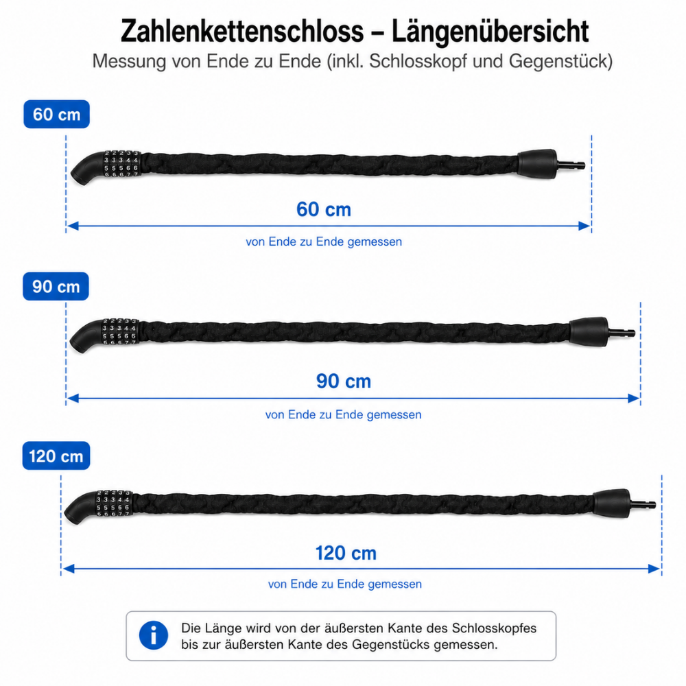 Fahrrad-Zahlenschloss 6 mm – Kettenschloss mit Zahlencode – 60, 90 & 120 cm