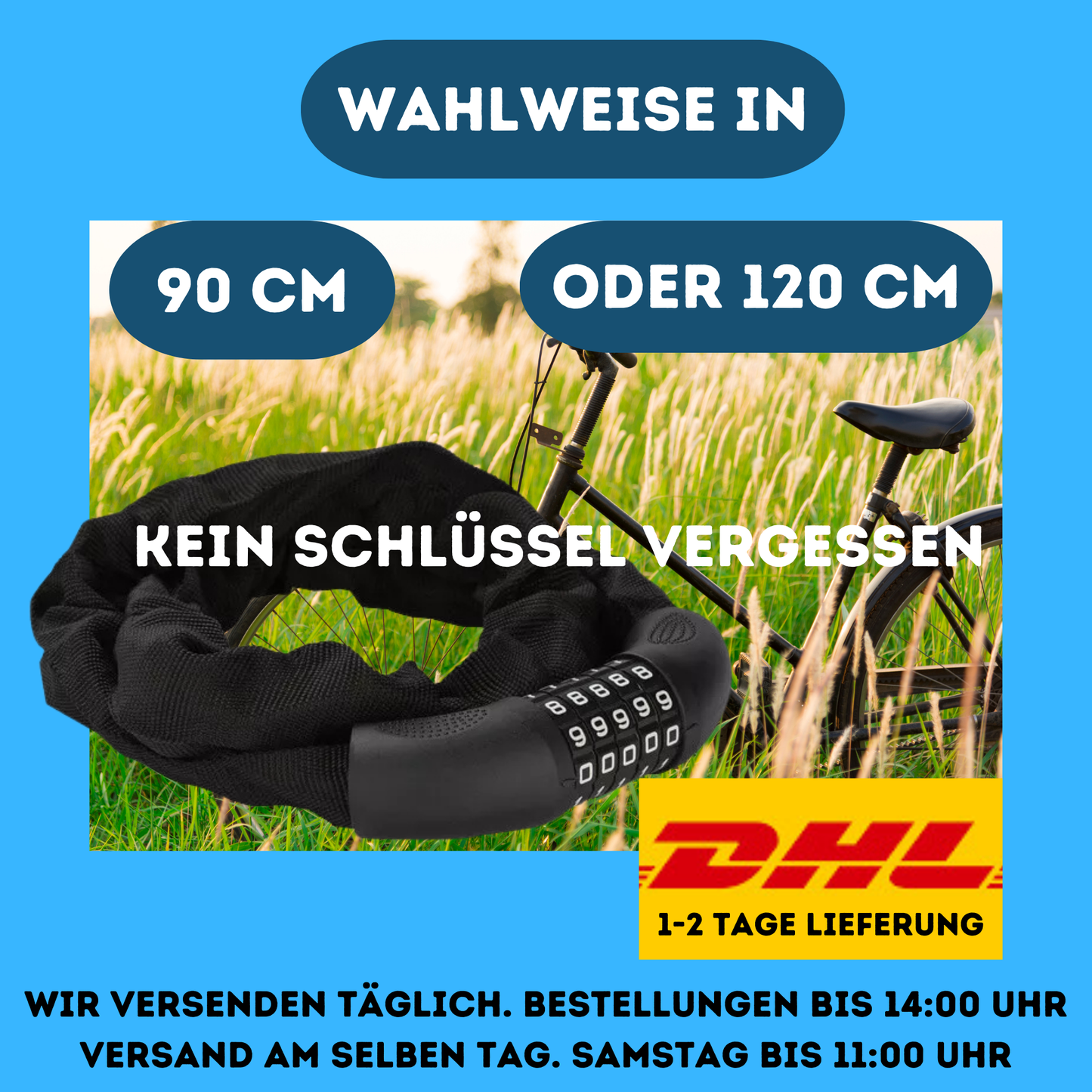Fahrradschloss Zahlenschloss Kettenschloss Panzerschloss 90cm x 6mm Stahlkette 2 Stück